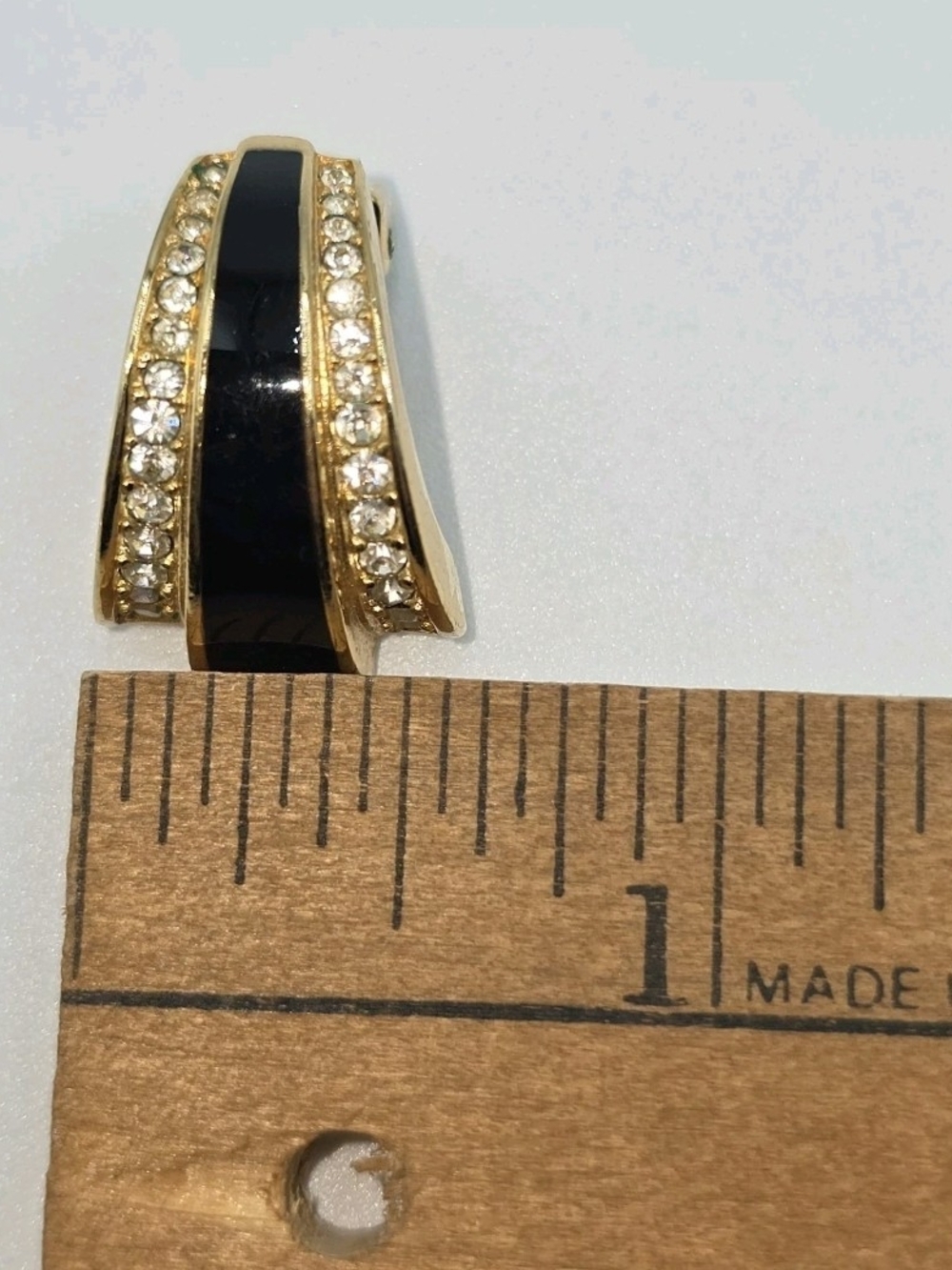 VTG Dior Gold Tone Black Enamel Rhinestone Clip Earrings Half Hoop Signed - Picture 16 of 16